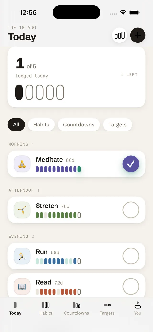 Hibio's Today screen: a day hero showing 2 of 6 logged, and a list of habits and countdowns due today, each with its own chain.